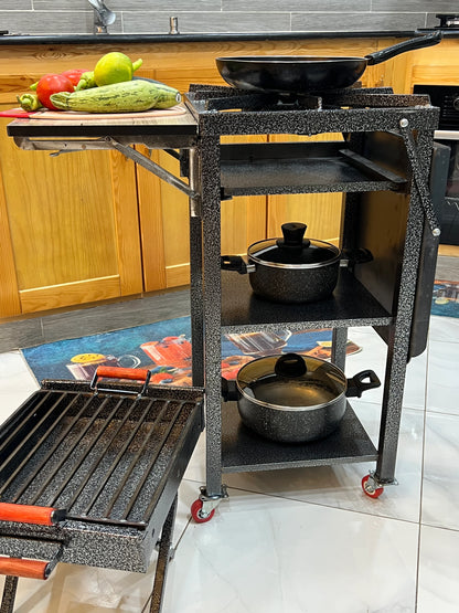 فرن احترافي متنقل للطهي و الشواء مع مساحة تقطيع و رفوف لتخزين الأواني