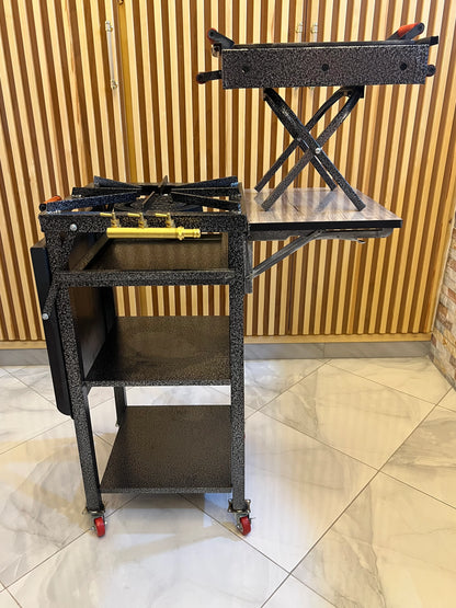 فرن احترافي متنقل للطهي و الشواء مع مساحة تقطيع و رفوف لتخزين الأواني