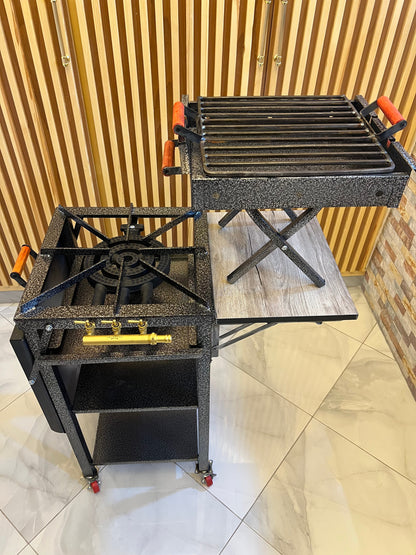 فرن احترافي متنقل للطهي و الشواء مع مساحة تقطيع و رفوف لتخزين الأواني